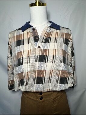 Vintage-Inspired Plaid Polo Top in Navy, Cream & Brown who someone up cycling